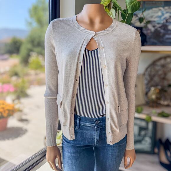 Banana Republic Womens Small Ultra Soft Ribbed Pocket Crew Neck Cardigan-Oatmeal - Picture 2 of 8